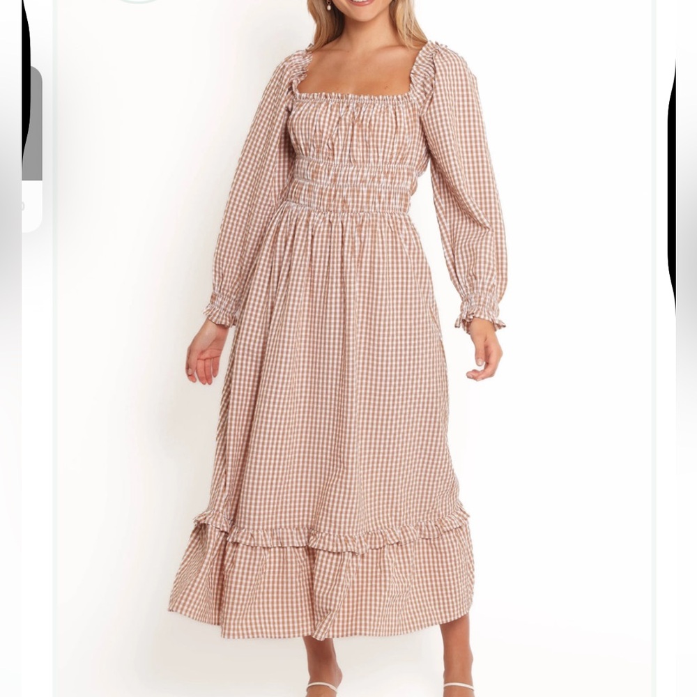 Petal & Pup Brown/Tan Gingham Long Sleeve Dress, M